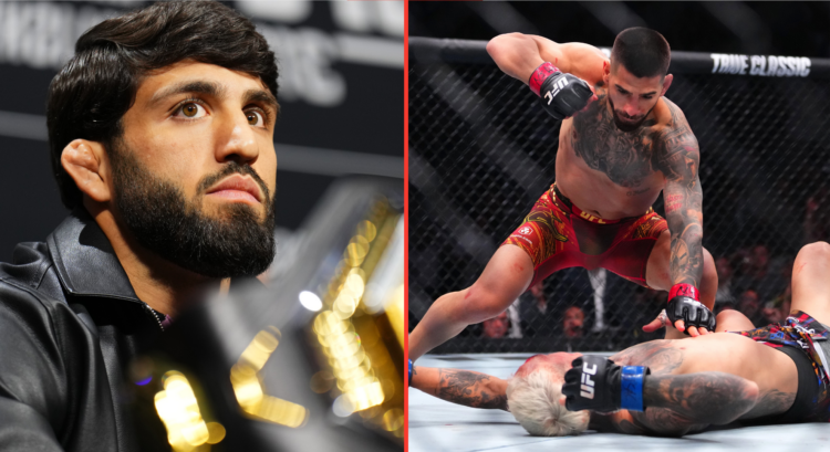 Arman Tsarukyan appears at the UFC 311 pre-fight press conference, opposite Ilia Topuria punching Charles Oliveira