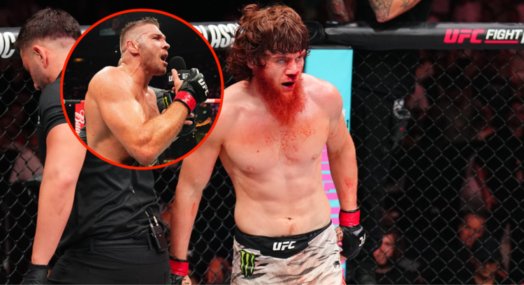 Main photo shows Shara Magomedov bloodied after a UFC fight. Bubble shows Dricus Du Plessis giving an interview in the octagon