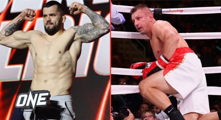 Split image of Roberto Soldic during a ONE weigh-in, and Tomasz Adamek on the floor during his fight with Jarrell Miller.