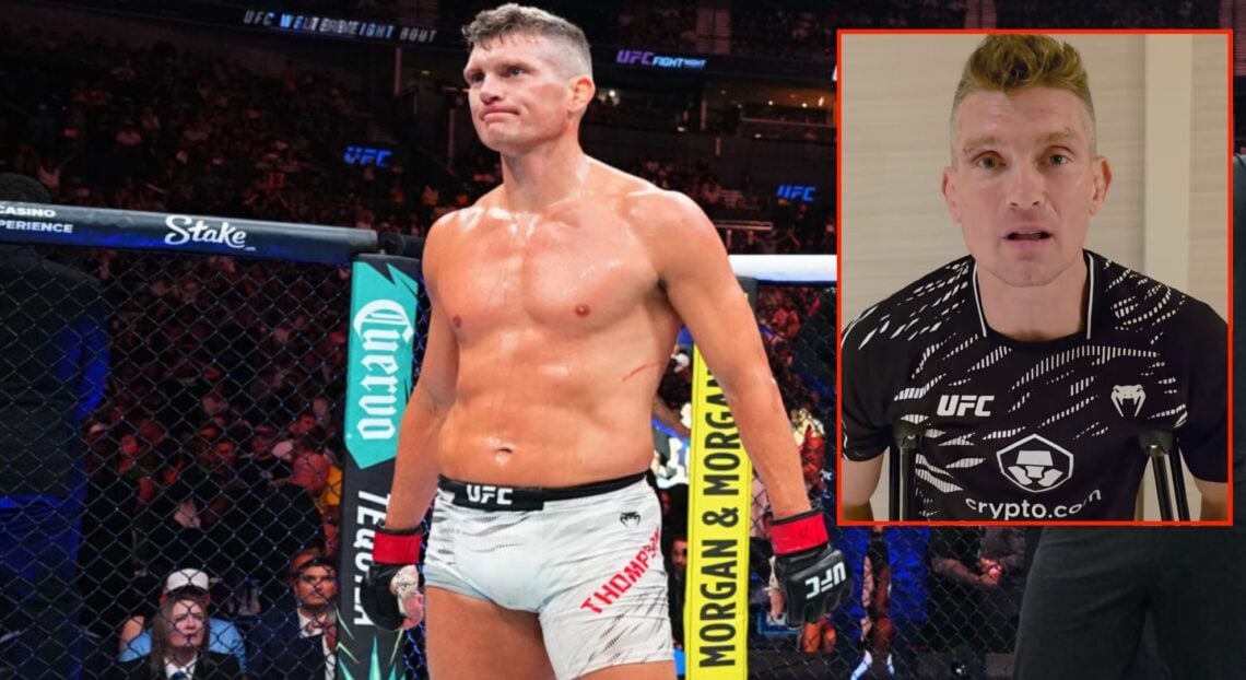 Stephen Thompson reacts to losing at UFC Nashville, inset screenshot from his post-fight social media statement