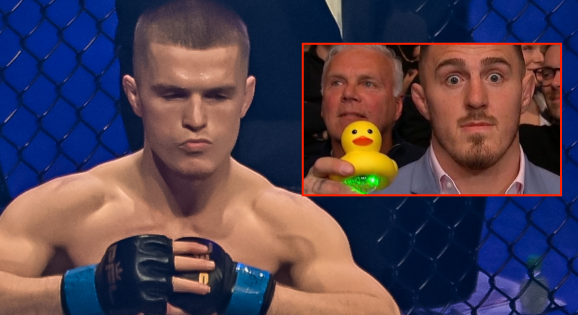Paul Hughes enters the PFL SmartCage for his fight with Usman Nurmagomedov, inset Tom Aspinall holding a toy Duck