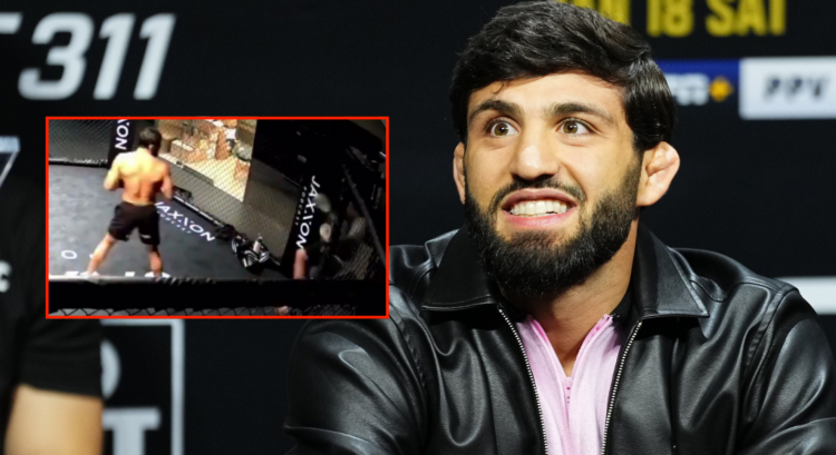 Arman Tsarukyan appears at the UFC 311 pre-fight press conference, inset Tsarukyan kicking his coach in training