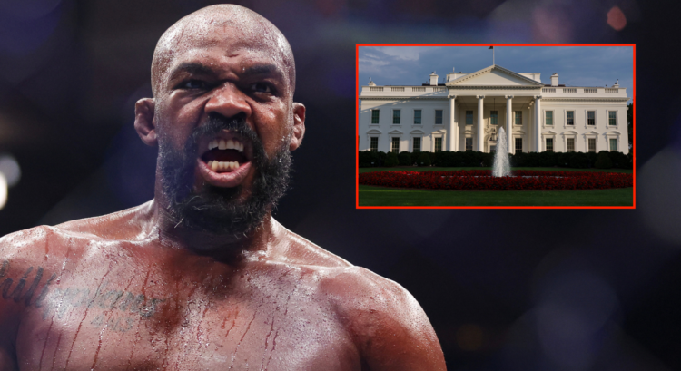 Jon Jones enters the Octagon for his fight at UFC 309, inset exterior view of The White House