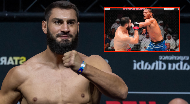Ibo Aslan poses on the scale during the UFC Abu Dhabi ceremonial weigh-in, inset Billy Elekana punching Aslan