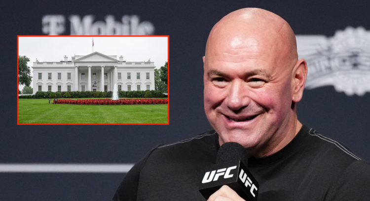 Dana White answers a question during the UFC 317 pre-fight press conference, inset The White House
