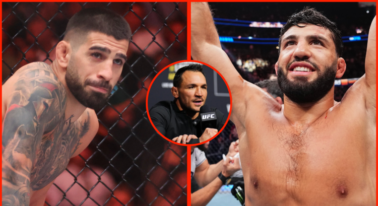 Ilia Topuria stands in his corner at UFC 317, opposite Arman Tsarukyan getting his hand raised at UFC 300, inset Michael Chandler at UFC 314 press ...
