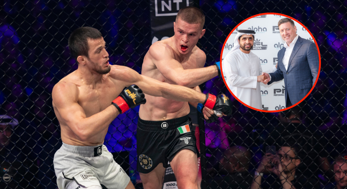 Main photo shows Usman Nurmagomedov and Paul Hughes punching each other. Bubble shows Sheikh Mohammed Bin Maktoum Bin Juma Al Maktoum shaking hands...