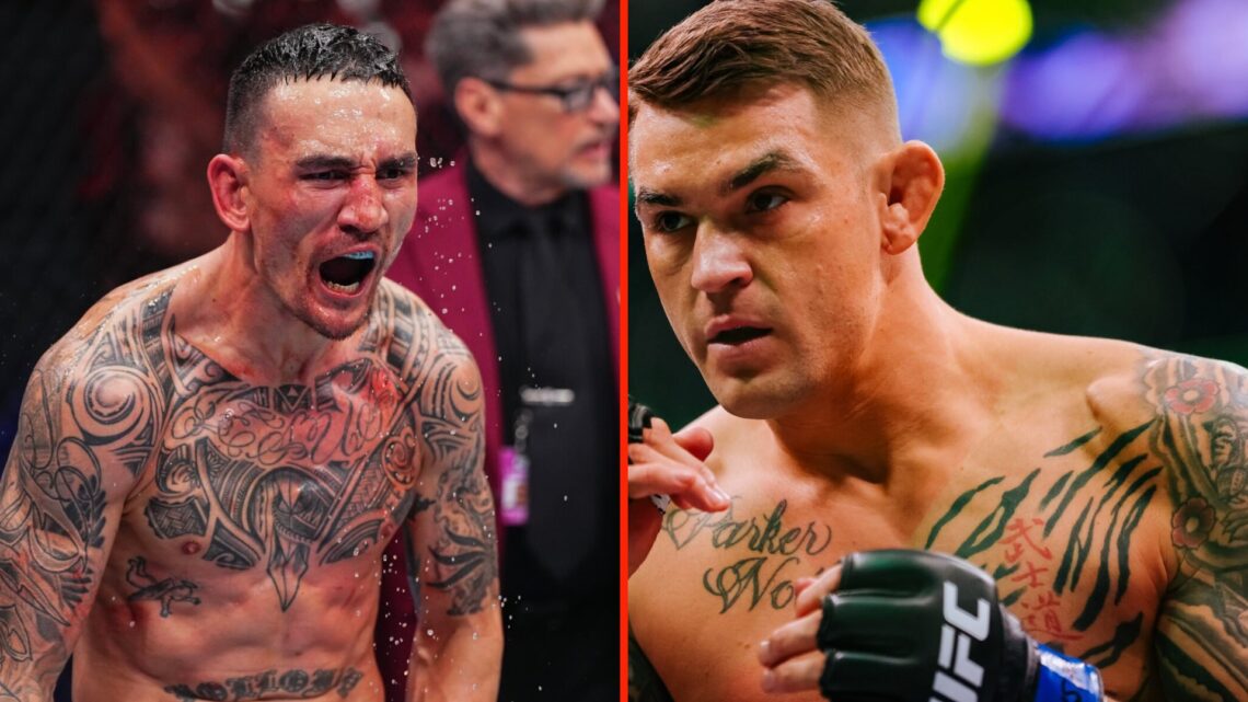 Dustin Poirier marches forward during his fight with Charles Oliveira at UFC 269 and Max Holloway celebrates in the octagon after a knockout win ov...