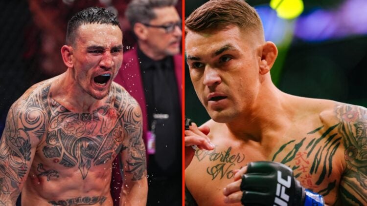 Dustin Poirier marches forward during his fight with Charles Oliveira at UFC 269 and Max Holloway celebrates in the octagon after a knockout win ov...