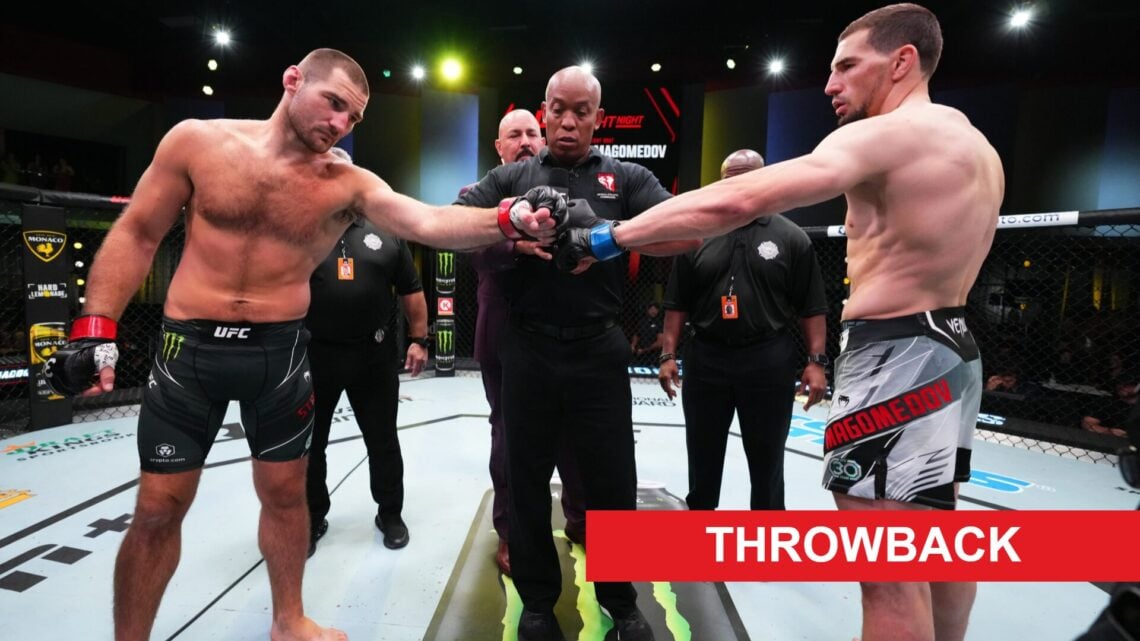 Sean Strickland and Abus Magomedov touch gloves just before their UFC Fight Night bout