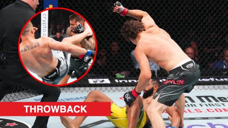 Main: Roman Kopylov punches Claudio Ribeiro on the ground during their UFC 291 fight. Inset: Justin Gaethje lands a head kick on Dustin Poirier dur...