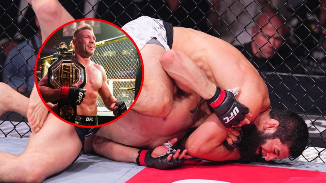 Main: Khamzat Chimaev locks in a face crank to submit Robert Whittaker in their fight at UFC 308. Inset: Dricus du Plessis leaves the arena after d...