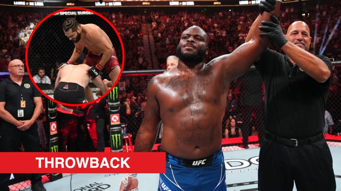 Main: Derrick Lewis has his hand raised after beating Marcos Rogerio de Lima at UFC 291. Inset: Jorge Masvidal lands a flying knee on Ben Askren at...