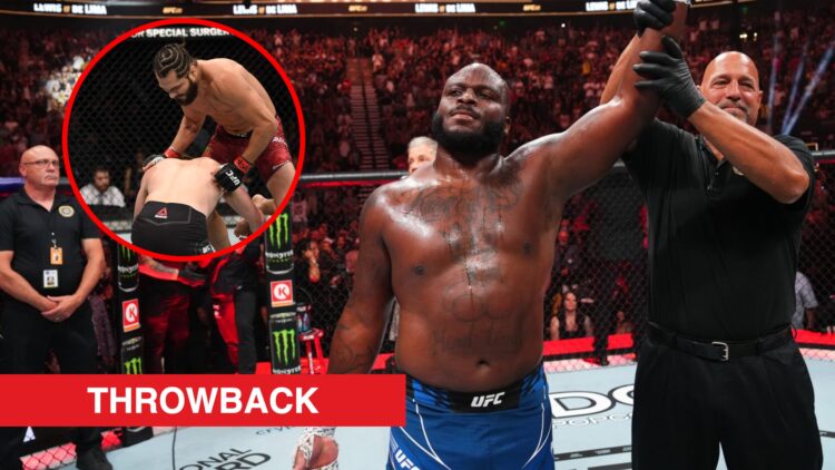 Main: Derrick Lewis has his hand raised after beating Marcos Rogerio de Lima at UFC 291. Inset: Jorge Masvidal lands a flying knee on Ben Askren at...