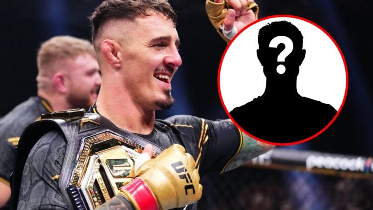 Main: Tom Aspinall celebrates after knocking out Curtis Blaydes in their interim heavyweight title fight at UFC 304. Inset: Mystery fighter.