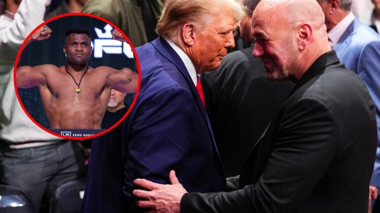 Main: Donald Trump speaks to Dana White while in attendance at UFC 309. Inset: Francis Ngannou weighs in ahead of his PFL fight against Renan Ferre...