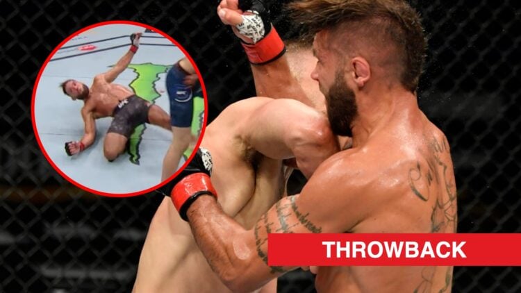 Main: Calvin Kattar lands an elbow strike on Jeremy Stephens during their fight at UFC 249. Inset: Jeremy Stephens is knocked down by an elbow stri...