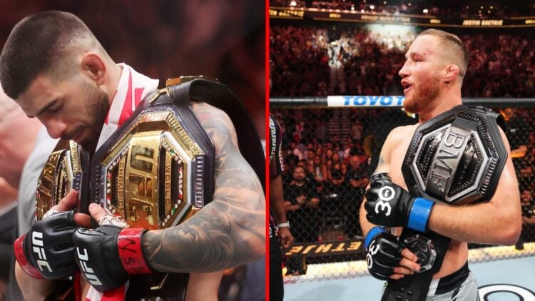 Split image of Ilia Topuria with two belts at UFC 317 and Justin Gaethje with BMF belt at UFC 291