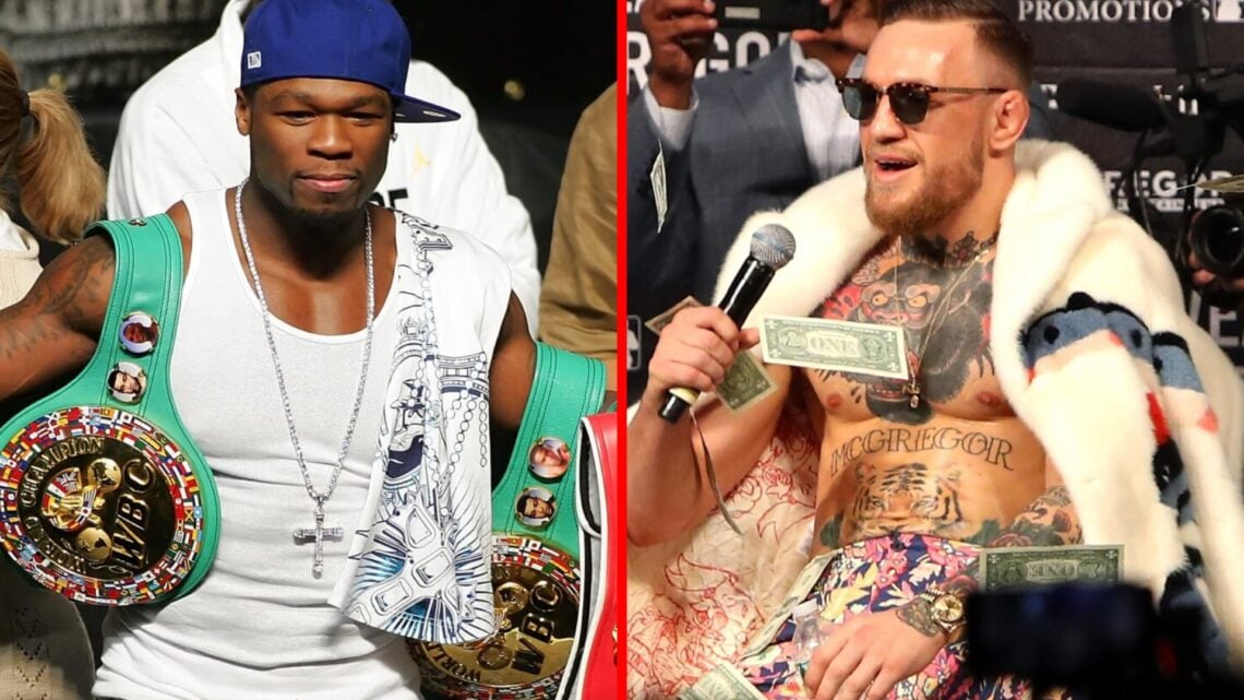50 Cent on stage with Floyd Mayweather's world titles, Conor McGregor speaks at a press conference to promote his fight with Floyd Mayweather.