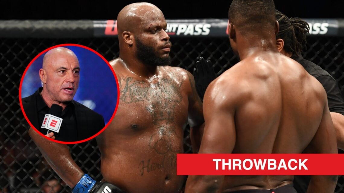 Main: Herb Dean speaks to Derrick Lewis and Francis Ngannou during their fight at UFC 226. Inset: Joe Rogan on commentary duty at UFC 313.