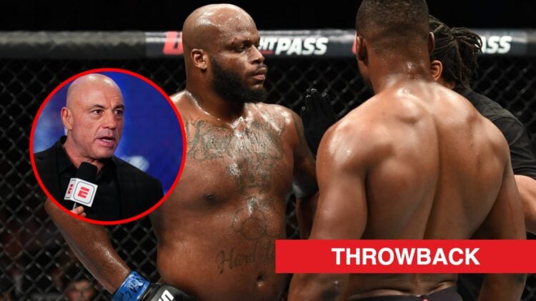 Main: Herb Dean speaks to Derrick Lewis and Francis Ngannou during their fight at UFC 226. Inset: Joe Rogan on commentary duty at UFC 313.