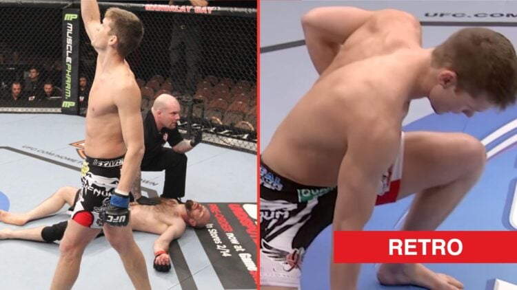 Split image of Stephen Thompson celebrating knocking out Dan Stittgen at UFC 143.
