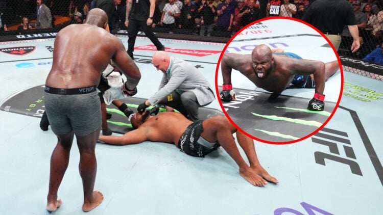 Main: Derrick Lewis celebrates after knocking out Rodrigo Nascimento at UFC St. Louis. Inset: Derrick Lewis celebrates after knocking out Marcos Ro...