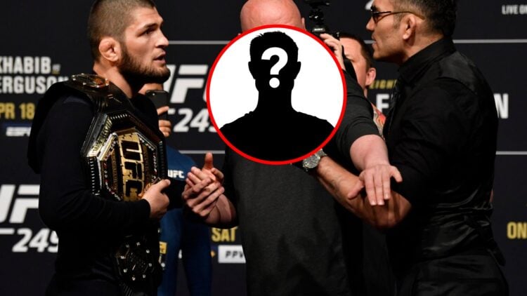 Main: Dana White separates Khabib Nurmagomedov and Tony Ferguson at the UFC 249 press conference. Inset: Mystery fighter