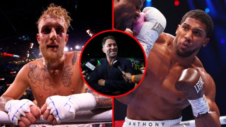 Left: Jake Paul after defeating Tyron Woodley in their boxing match. Right: Anthony Joshua punches Francis Ngannou during their heavyweight boxing ...