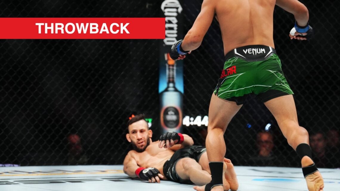 Shannon Ross falls to the ground after being knocked out by Jesus Aguilar in their fight at UFC 290.