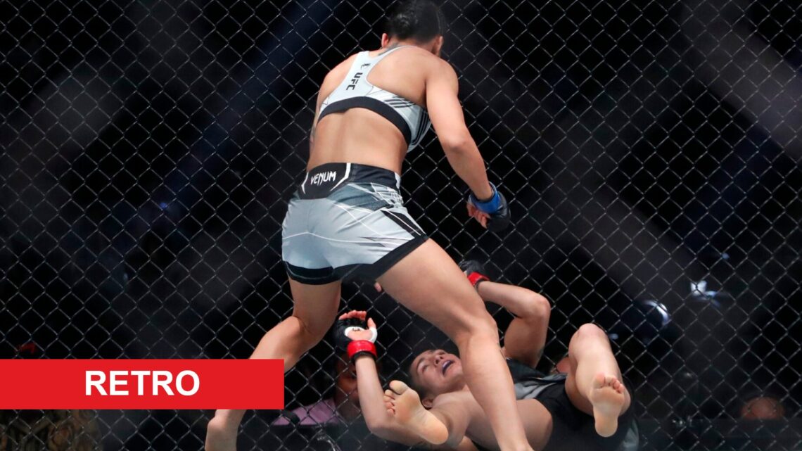 Denise Gomes stands over Yazmin Jauregui at UFC 290, inset retro banner