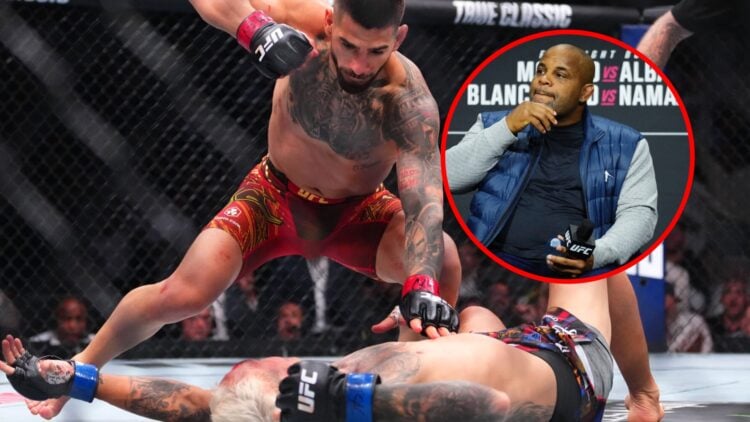 Main: Ilia Topuria attempts to punch Charles Oliveira on the mat as the Brazilian lays unconscious during their fight at UFC 317. Inset: Daniel Cor...