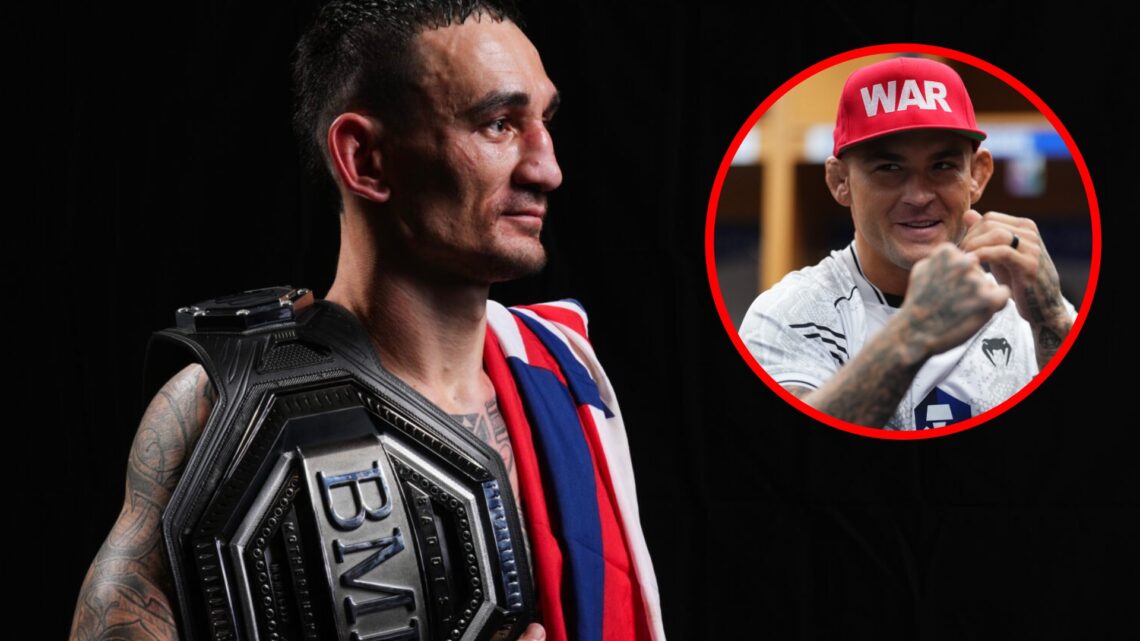 Max Holloway poses with the BMF title at UFC 300, inset Dustin Poirier warms up backstage ahead of UFC 302
