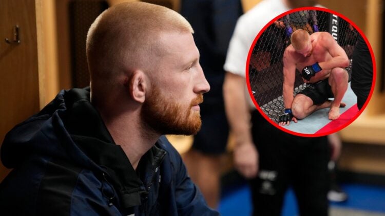Bo Nickal prepares backstage at UFC Iowa, inset Nickal reacts to his loss to Reinier de Ridder