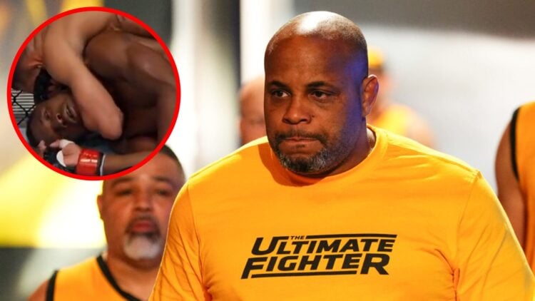 Daniel Cormier walks to the Octagon on The Ultimate Fighter Season 33, inset Roybert Echeverria submits Tumelo Manyamala on TUF 33
