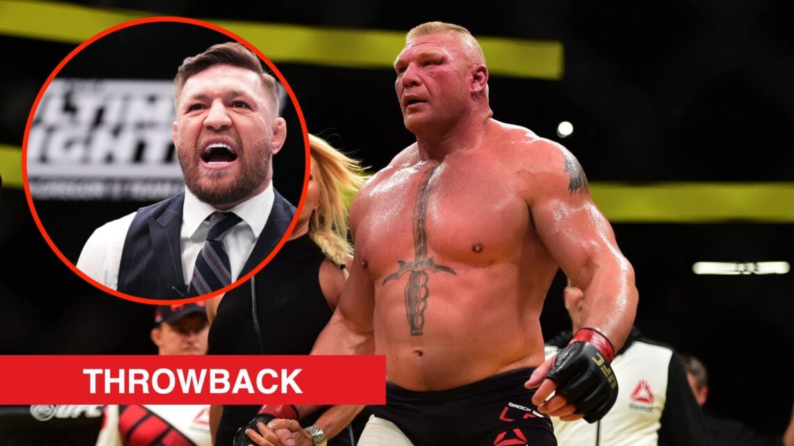 Brock Lesnar celebrates his UFC 200 win over Mark Hunt with an inset of Conor McGregor shouting during the filming of The Ultimate Fighter