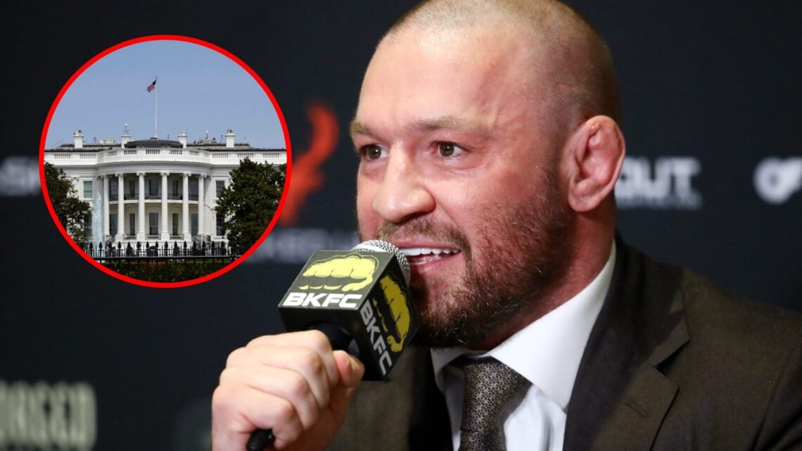 Main: Conor McGregor speaks with the media ahead of BKFC: Hollywood. Inset: The White House in Washington D.C.