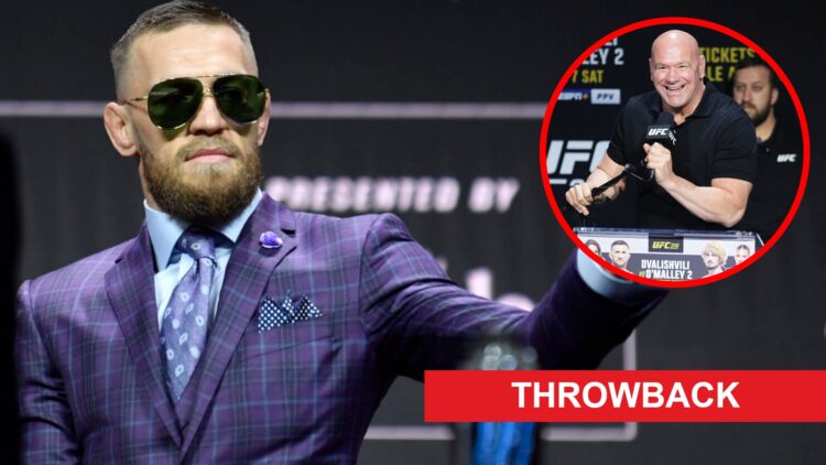 Conor McGregor tosses Dustin Poirier's Hot Sauce bottles at the UFC 264 press conference, inset Dana White laughs on stage at the UFC 316 press con...