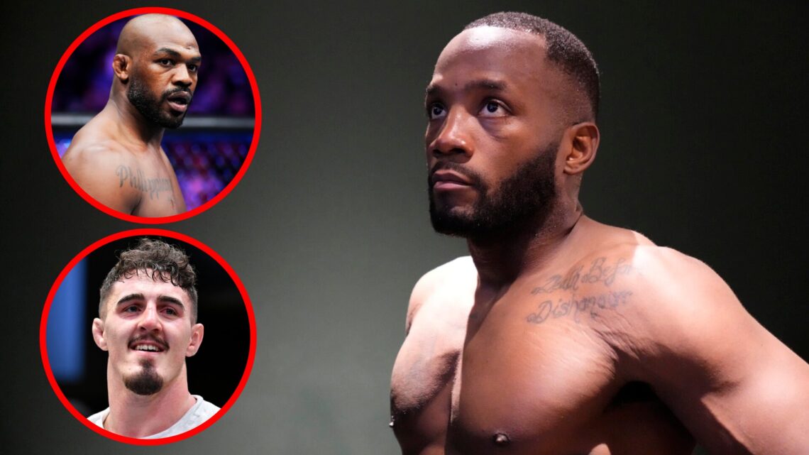 Leon Edwards prepares to fight at UFC 304, with close-up headshots of Jon Jones and Tom Aspinall.