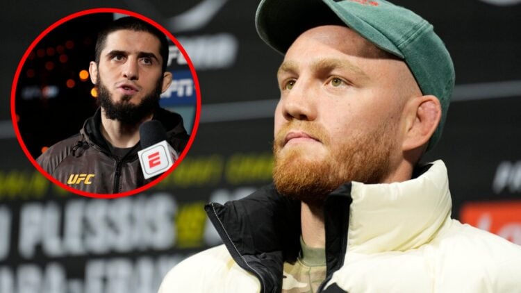 Jack Della Maddalena on stage at the UFC 305 Q&A session, inset Islam Makhachev speaks backstage at the UFC 311 ceremonial weigh-ins
