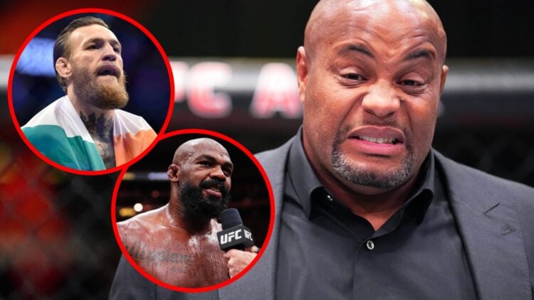 Daniel Cormier reacts to Gregory Rodrigues' cut at the UFC Apex, inset Conor McGregor looks on after beating Donald Cerrone at UFC 246 and Jon Jone...
