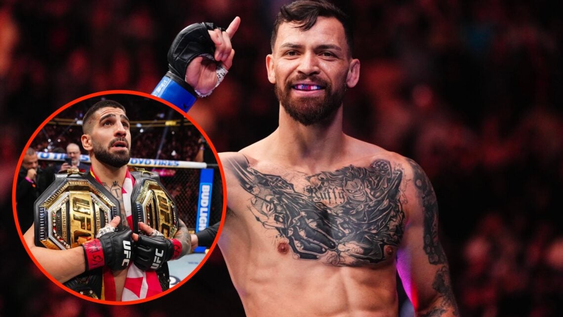 Mauricio Ruffy celebrates his UFC 313 win over Bobby Green with an inset of Ilia Topuria moments after his UFC 317 win over Charles Oliveira