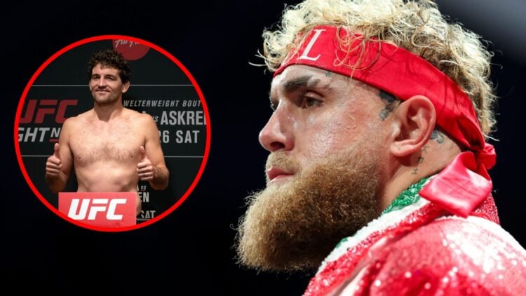 Jake Paul looks on ahead of his fight with Julio Cesar Chavez Jr, inset Ben Askren poses on the scale at the UFC Singapore official weigh-in