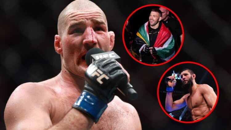 Main: Sean Strickland speaks after his UFC 312 loss to Dricus du Plessis. Top inset: Dricus du Plessis walks to the Octagon for his UFC 312 title d...