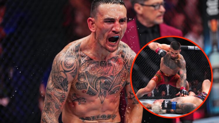 Max Holloway celebrates UFC 300 win over Justin Gaethje with an inset of Ilia Topuria knocking Charles Oliveira out at UFC 317