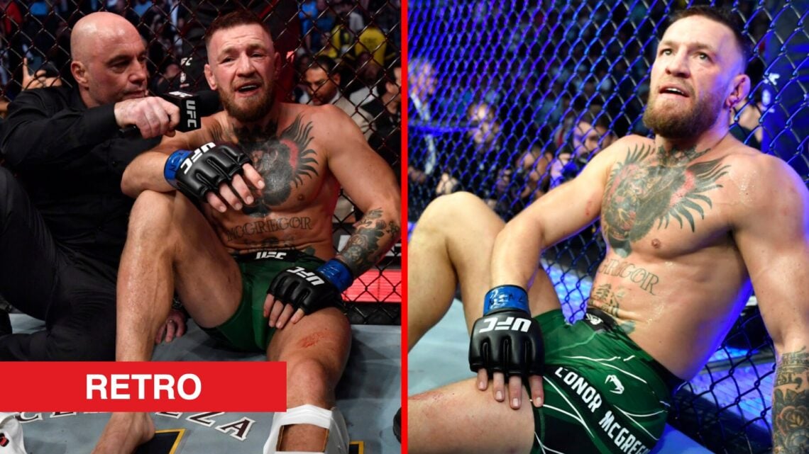 Split image of Joe Rogan interviewing Conor McGregor at UFC 264 and Conor McGregor on the floor after breaking his leg at UFC 264.