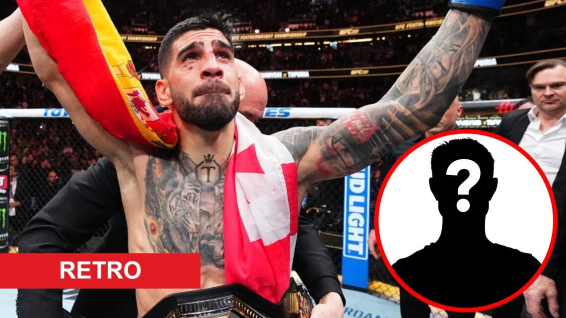 Ilia Topuria celebrates his win over Alexander Volkanovski at UFC 298, inset mystery icon and retro banner
