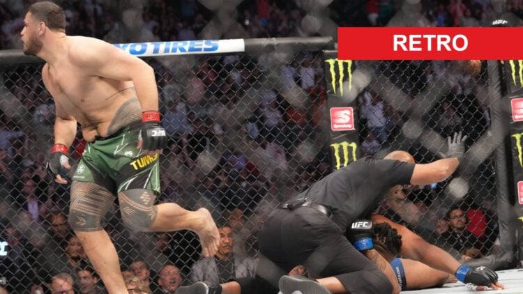 Tai Tuivasa celebrates after stopping Greg Hardy at UFC 264, inset retro banner