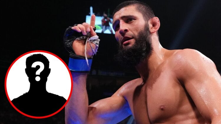 Khamzat Chimaev reacts after beating Kamaru Usman at UFC 294, inset mystery icon