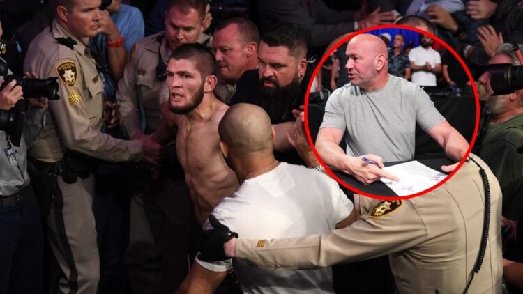 Main: Khabib Nurmagomedov is held by security and police after brawling with Conor McGregor's team at UFC 229. Inset: Dana White reacts to a fight ...